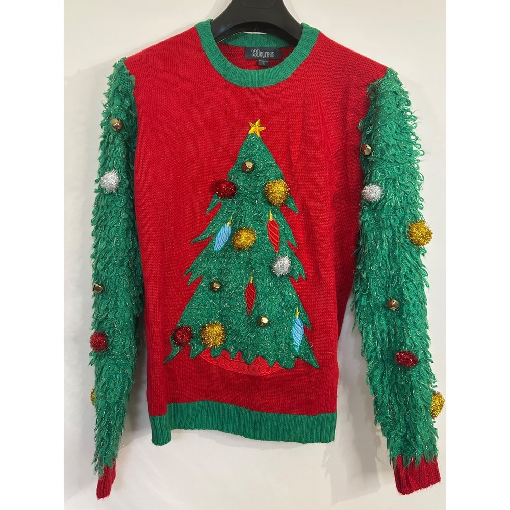 33 Degrees Women's Ugly Acrylic Christmas Sweater Christmas Tree Real Bells Sz S